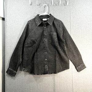 Denim & Co. Confy Knit Acid Wash Snap-Down Big Shirt Black Small